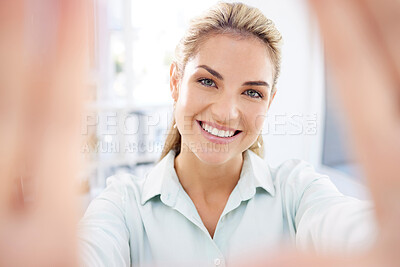 Buy stock photo Selfie, portrait and happy business woman in the office taking a break while working on a corporate project. Happiness, smile and professional female leader taking picture at her workplace in Canada.