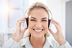 Headphones, portrait and business woman music for office, workplace or career productivity, mental health and wellness. Corporate, professional and face of woman with audio technology for inspiration