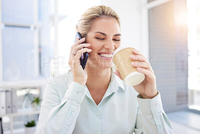 Buy stock photo Businesswoman, phone call and coffee in the office, morning and happy smile with funny conversation, communication and lens flare. Female employee, drink and talking on mobile smartphone in workplace