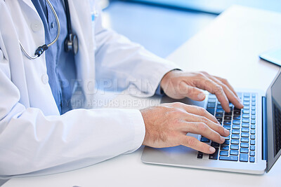 Buy stock photo Doctor, laptop and hand typing email or prescription online for medical treatment in a clinic or hospital. Healthcare, medicine and keyboard with a cardiologist type a research report on the internet