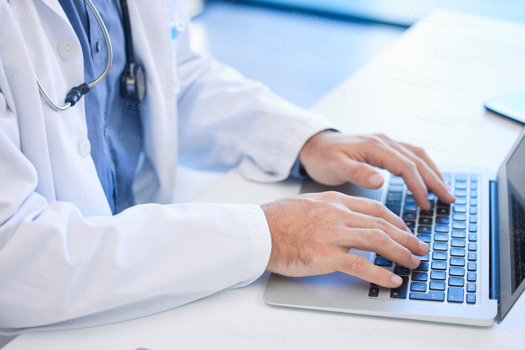 Buy stock photo Doctor, laptop and hand typing email or prescription online for medical treatment in a clinic or hospital. Healthcare, medicine and keyboard with a cardiologist type a research report on the internet