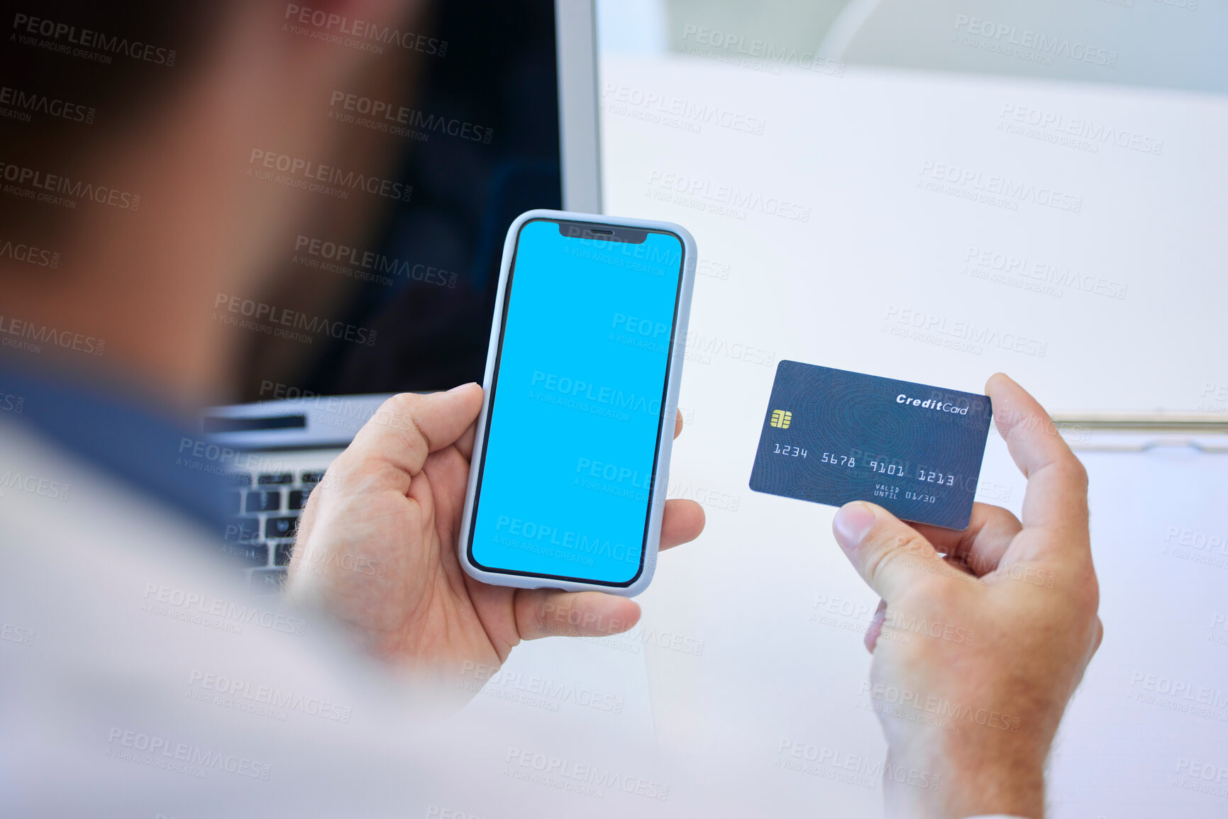 Buy stock photo Mand hand, credit card and phone screen with mockup space for marketing, advertising and logo branding at desk. Male hands, mobile smartphone and online shopping, web banking and internet payment