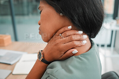 Buy stock photo Neck pain, tired and black woman with burnout from work, business stress and working with muscle injury. Anxiety, medical fatigue and African worker sad about body pain at a corporate company