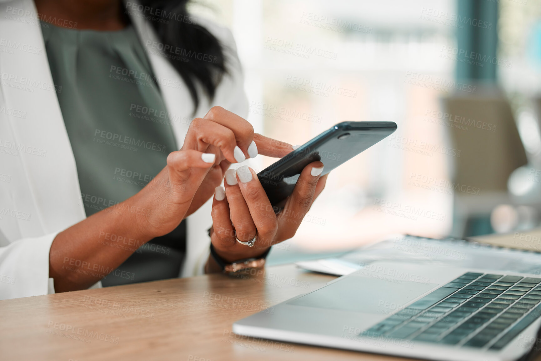 Buy stock photo Phone, office and business woman networking on social media, the internet or a mobile app. Technology, corporate and professional company leader browsing on a mobile device in her modern workplace.
