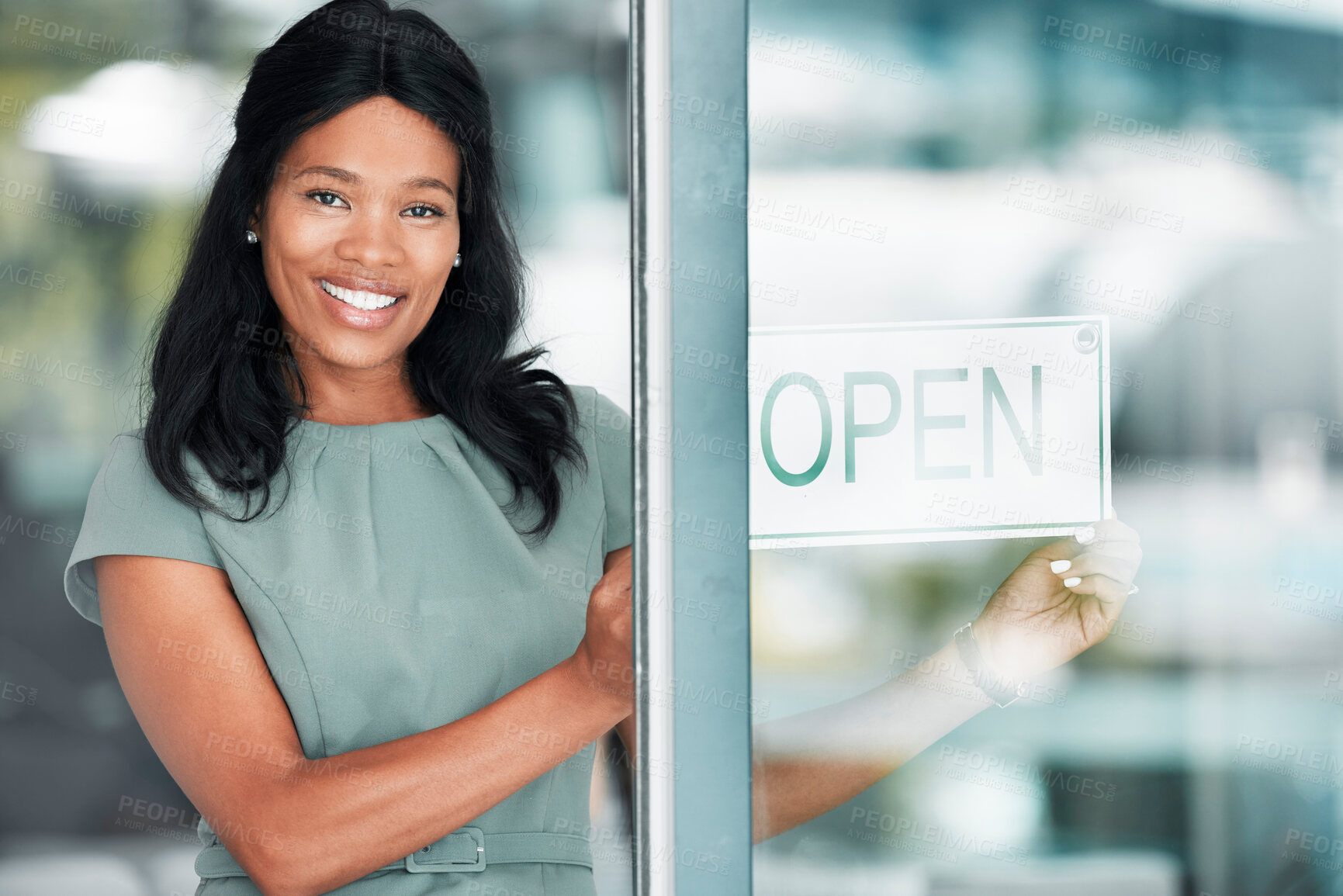 Buy stock photo Open sign, black woman and small business owner of restaurant. Welcome, coffee shop and portrait of happy female entrepreneur from Nigeria in startup cafe ready for  service while standing at door.
