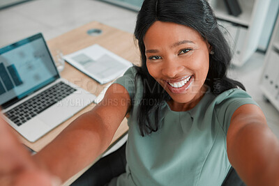 Buy stock photo Black woman, selfie or portrait with happy smile for work success, motivation or social media photo post. Corporate, laptop or employee for new business job, happiness or online update in office