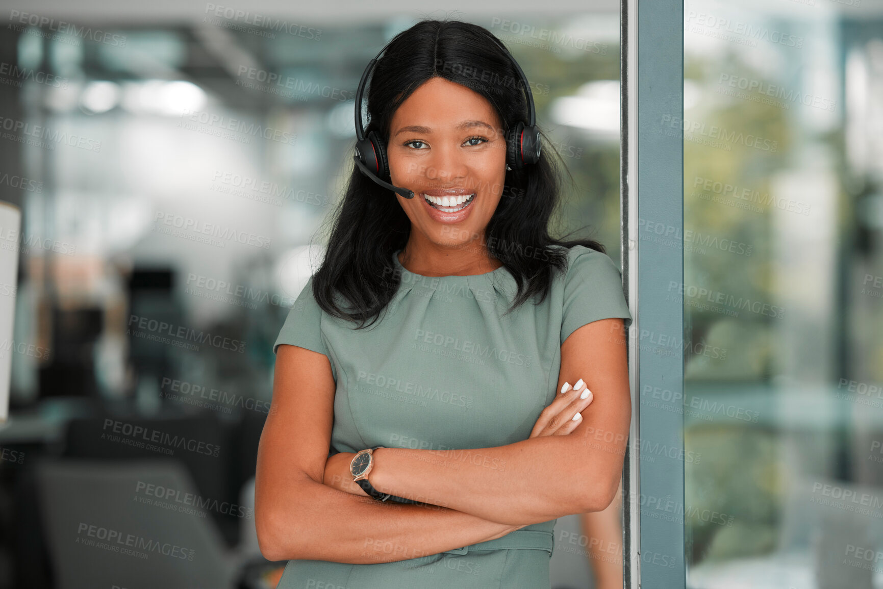 Buy stock photo Black woman, call center and smile while in a office for CRM, customer support and telemarketing sales with arms crossed as leader or manager. Portrait of a happy entrepreneur with consultant headset