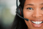Call center, black woman face and smile portrait of crm, contact us and telemarketing job. Customer service, web help desk and consulting happy worker with a smile about online and digital company