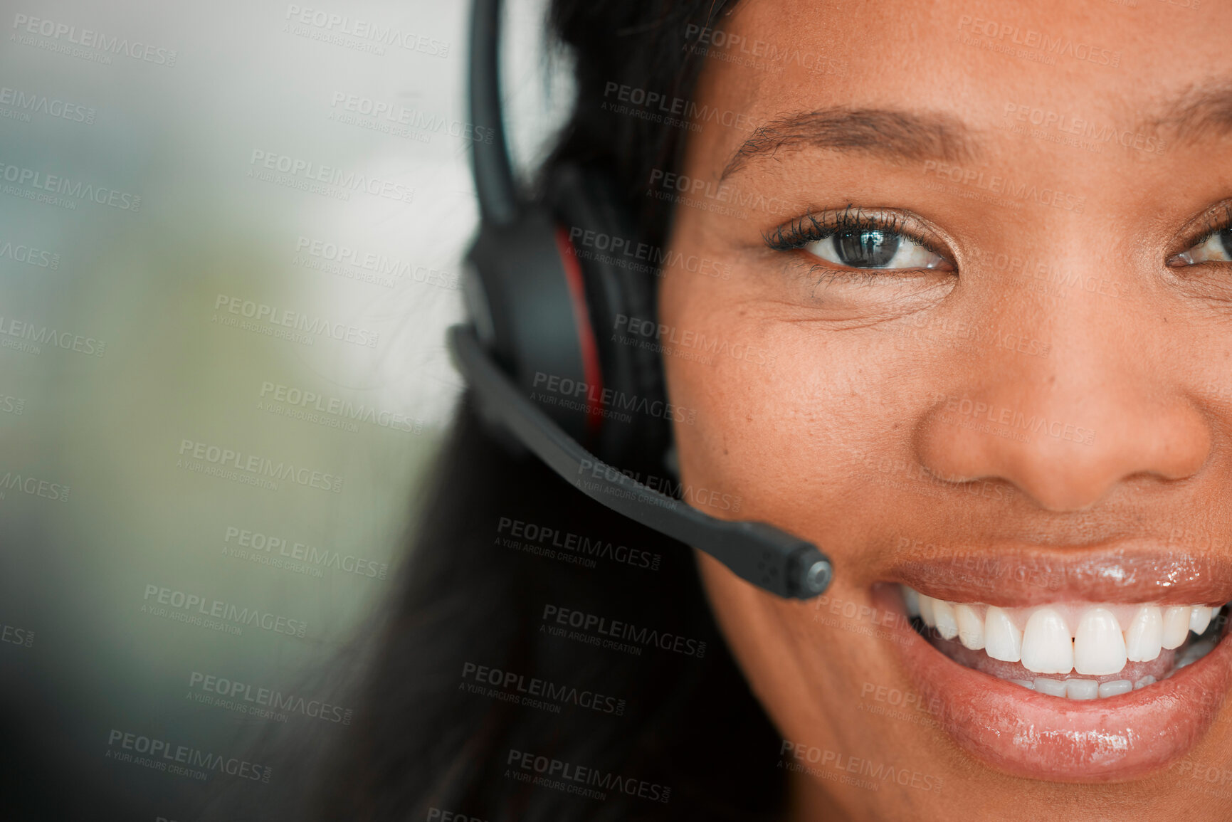 Buy stock photo Call center, black woman face and business portrait of crm, contact us and telemarketing job. Customer service, web help desk and consulting happy worker with a smile about online and digital company