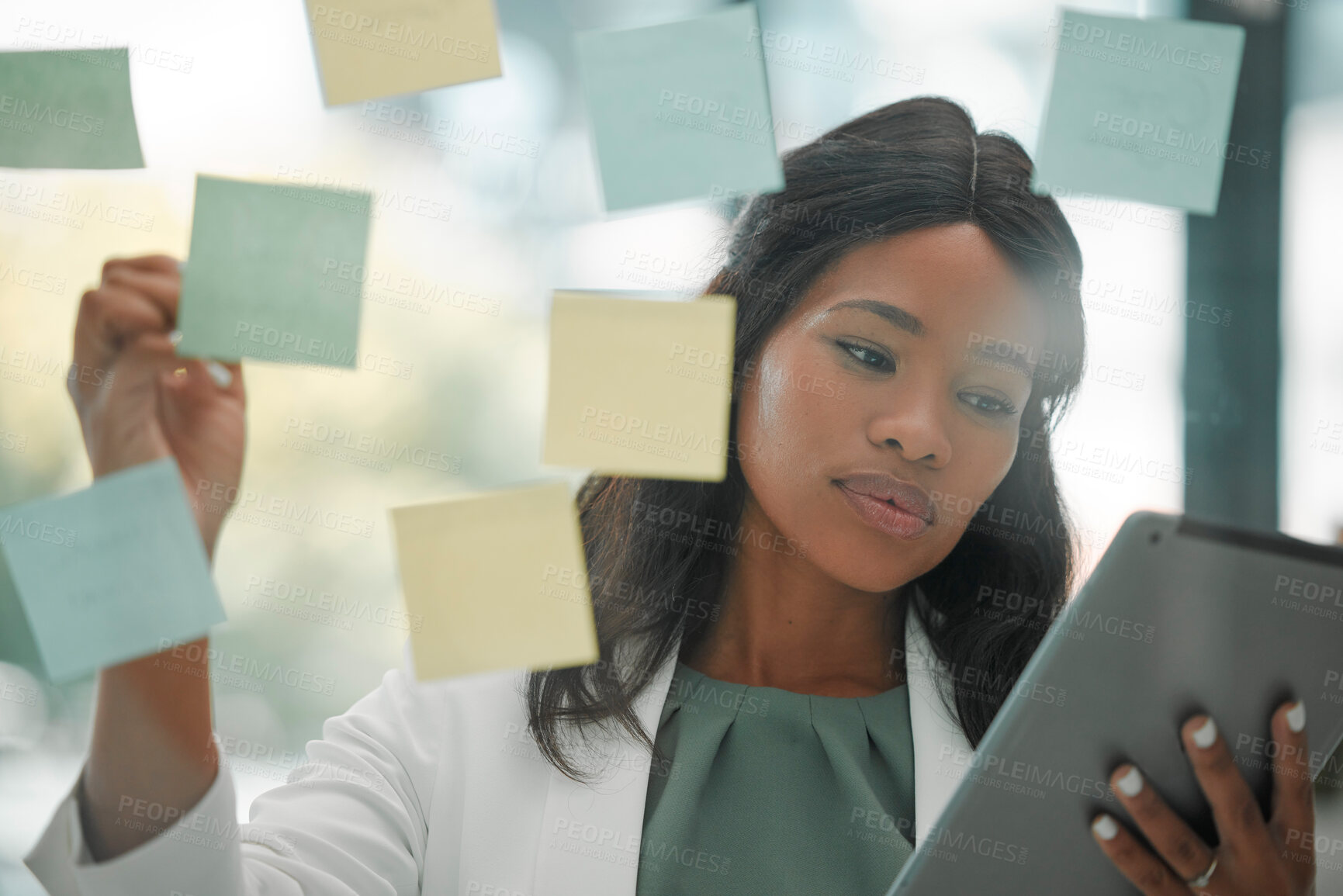 Buy stock photo Sticky note, tablet and business woman with digital marketing strategy, agenda and schedule for website post, update and management. Corporate black woman with scrum, agile and project writing ideas