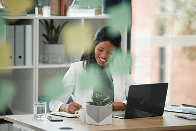 Buy stock photo Working, business woman and employee writing at a office desk for financial management. Black woman, web and computer research of a accounting manager busy with schedule and document planning