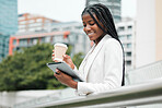 Business, woman and tablet with coffee in the city while using 5g internet for online social media research. Businesswoman, coffee break and social network search in an urban town for communication