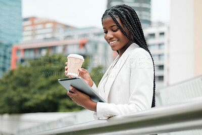 Buy stock photo Business, woman and tablet with coffee in the city while using 5g internet for online social media research. Businesswoman, coffee break and social network search in an urban town for communication