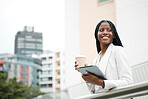 Black woman, coffee break and corporate employee with tablet outside the office, working in a city and career marketer. Digital technology, African American professional and employee outdoors in town