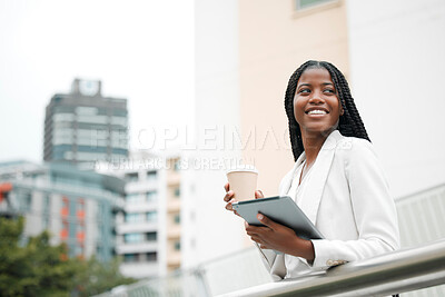 Buy stock photo Black woman, coffee break and corporate employee with tablet outside the office, working in a city and career marketer. Digital technology, African American professional and a businesswoman outdoors 