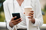 Business, woman and phone with coffee in the city after a corporate job to browse online with 5g. Social network, social media and businesswoman search the internet on a cellphone on a coffee break