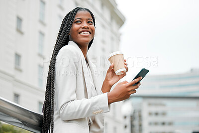 Buy stock photo Business, smartphone or black woman in city, coffee or walking on break, typing or social media. Young female, ceo or entrepreneur with tea, phone or connection in street, chatting or search internet