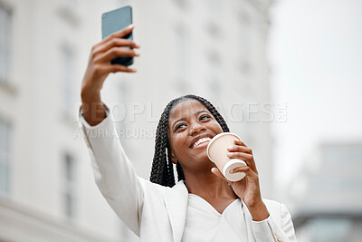 Buy stock photo Black woman, lawyer with coffee and selfie on coffee break in New York outside law firm building, smile with smartphone. Communication, city and social media, photograph and phone photography outdoor