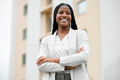 Buy stock photo Arms crossed, happy vision and black woman with power, business and motivation for corporate success in the city of Portugal. Idea, smile and African employee with pride, professional and thinking