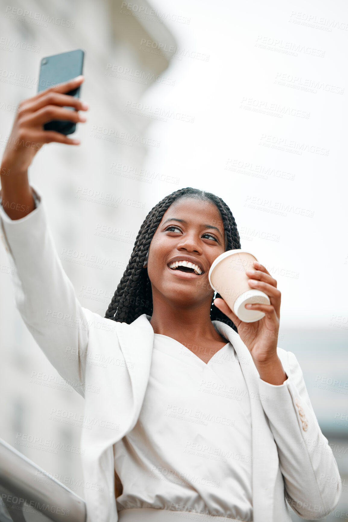 Buy stock photo Corporate woman, phone selfie and coffee in city for morning, work travel or happy employee. Smartphone photography, african businesswoman and smile walking in city street with 5g mobile