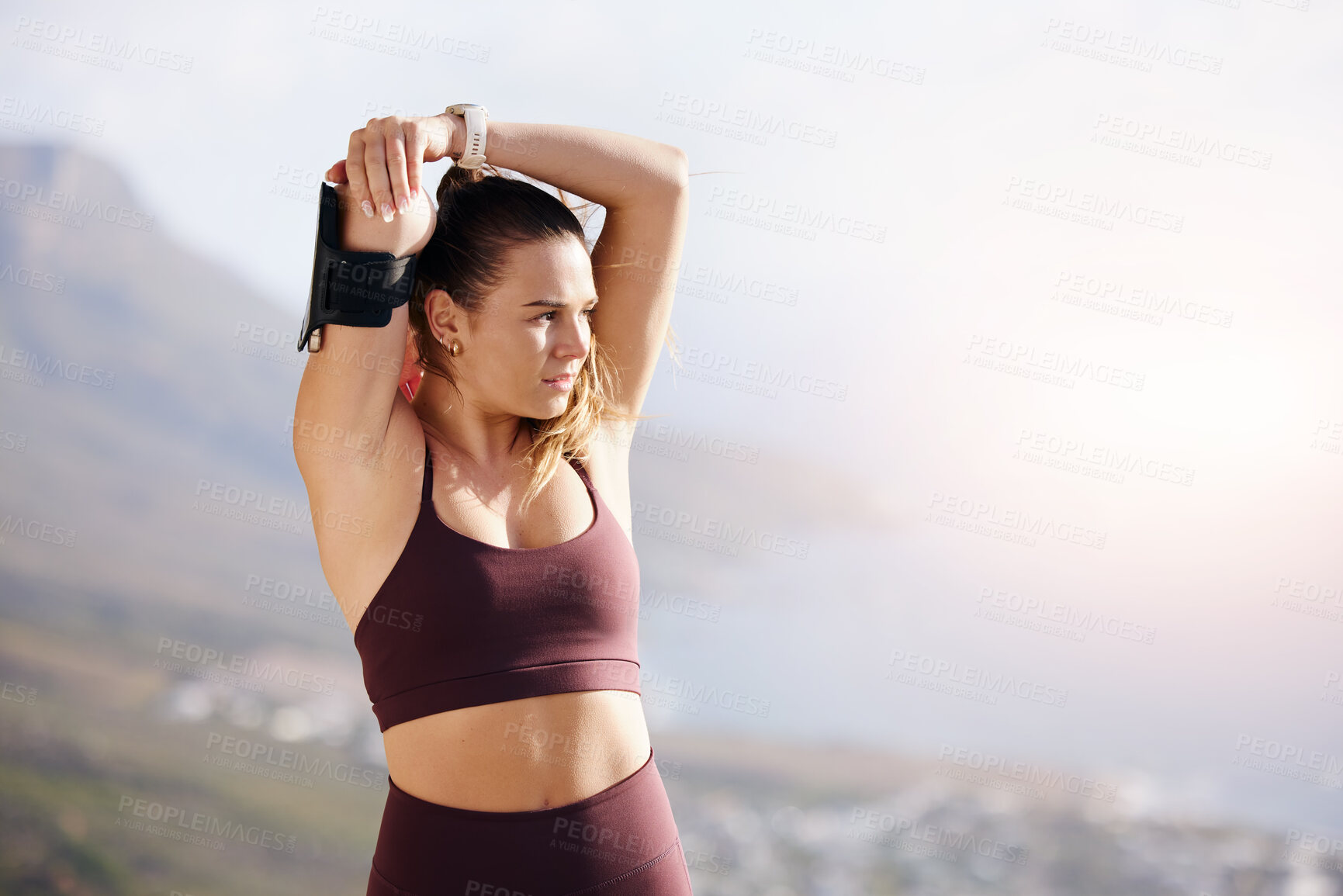 Buy stock photo Fitness stretching, woman and exercise training outdoor in the South Africa mountains for workout. Muscle stretch, morning runner and health commitment of a run athlete with sports watch in nature