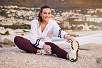 Fitness, health and woman stretching legs outdoor for flexibility and mobility. Sports, training and portrait of female athlete from Canada getting ready or warm up for cardio, running or workout.