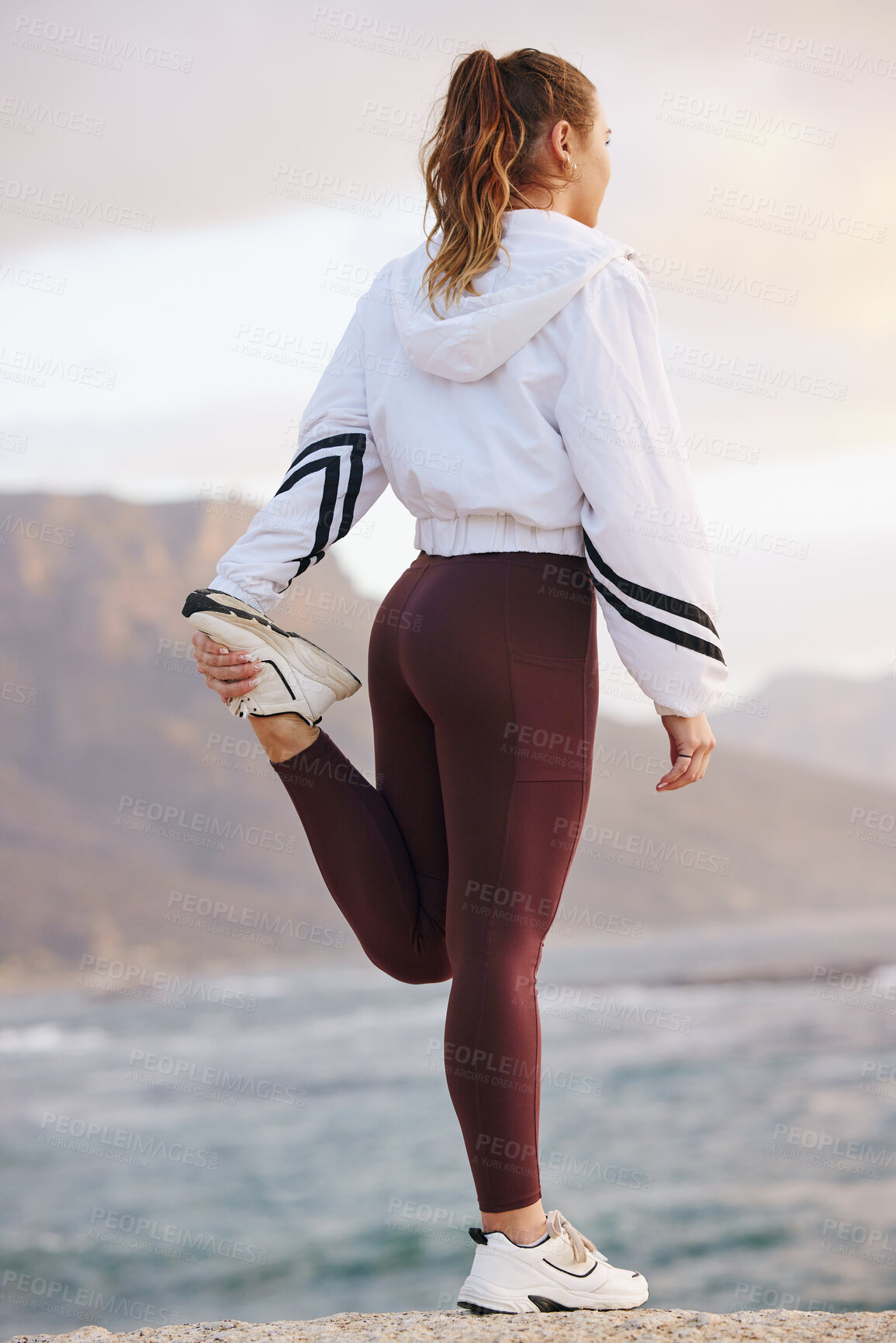 Buy stock photo Runner woman, stretching legs and beach for health, fitness and ready for training, exercise and run. Warm up, ocean running or muscle development in workout, wellness and focus for girl in Vancouver