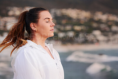 Buy stock photo Woman, beach and relax meditation or thinking with closed eyes for calm mental health, freedom travel and mindfulness. Peace, ocean sunshine and relaxing mindset on traveling vacation in Cape Town