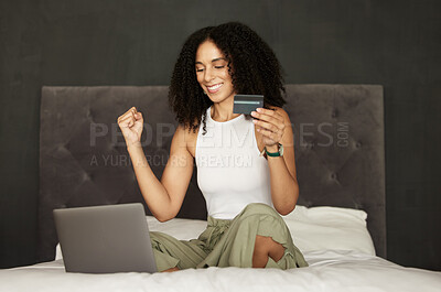 Buy stock photo Black woman, credit card and laptop on bed for ecommerce, celebration and discount on internet. Woman, online shopping and e commerce in bedroom with happiness, cybersecurity and sale at web store