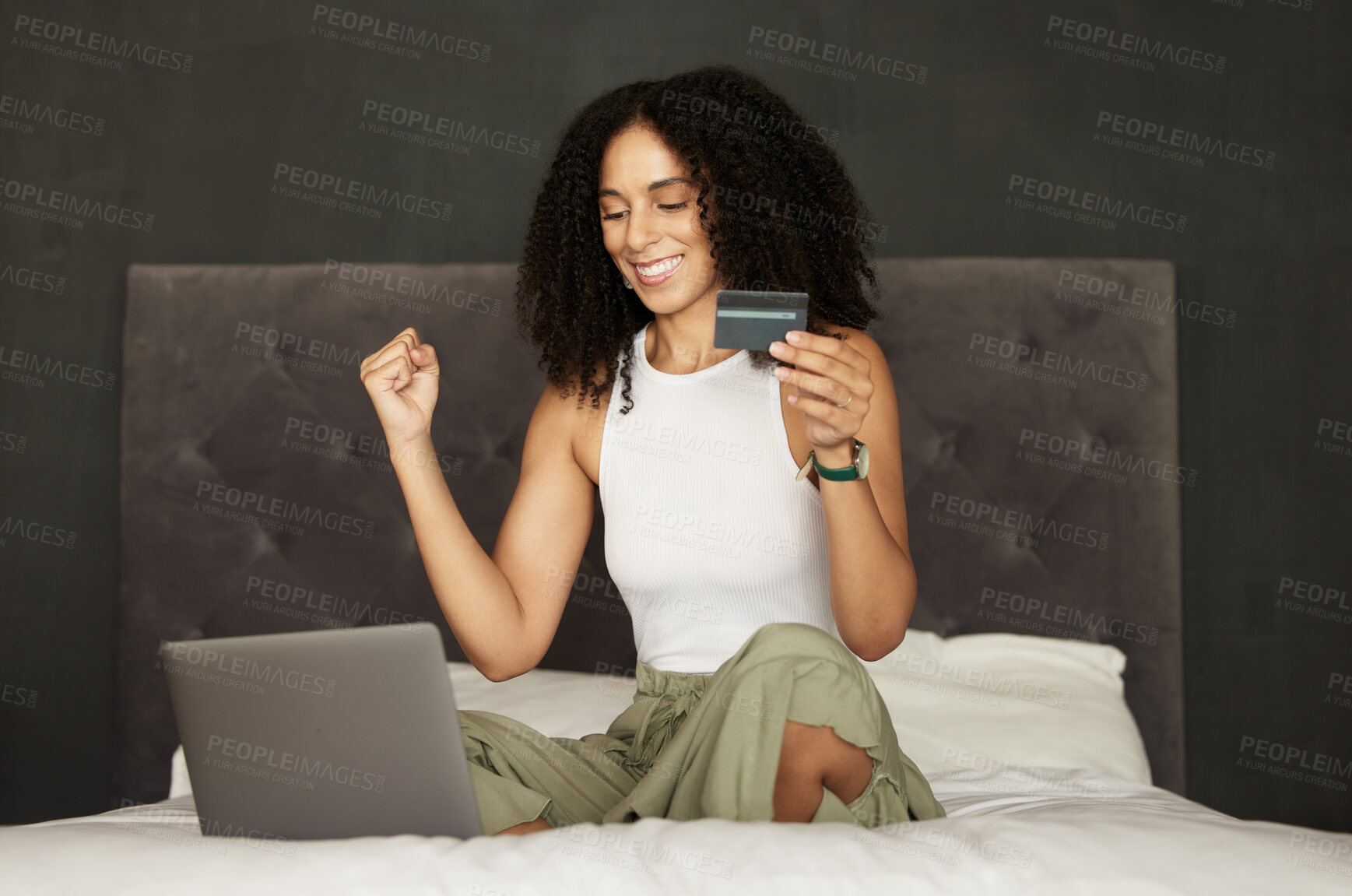 Buy stock photo Black woman, credit card and laptop on bed for ecommerce, celebration and discount on internet. Woman, online shopping and e commerce in bedroom with happiness, cybersecurity and sale at web store