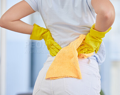 Buy stock photo Cleaning, cloth and woman with back pain injury, emergency or muscle strain from domestic hose work with fabric. Home accident, medical crisis and housekeeping service cleaner with spine problem