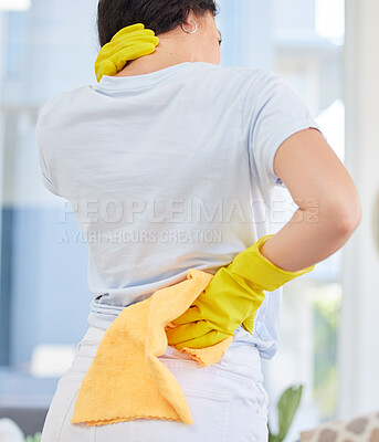 Buy stock photo Neck pain, cleaner and woman with injury in home after working hard. Spring cleaning, housekeeper and female with arthritis, back pain or fibromyalgia after disinfecting, washing or sanitizing house.