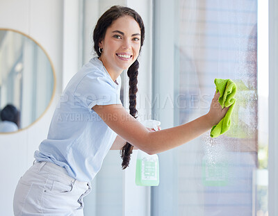 Buy stock photo Woman, cleaning window and spray in portrait with smile, cloth and bottle for hygiene, shine and work. Expert cleaner, hospitality worker and chemical for clean glass, spring cleaning and stop dirt