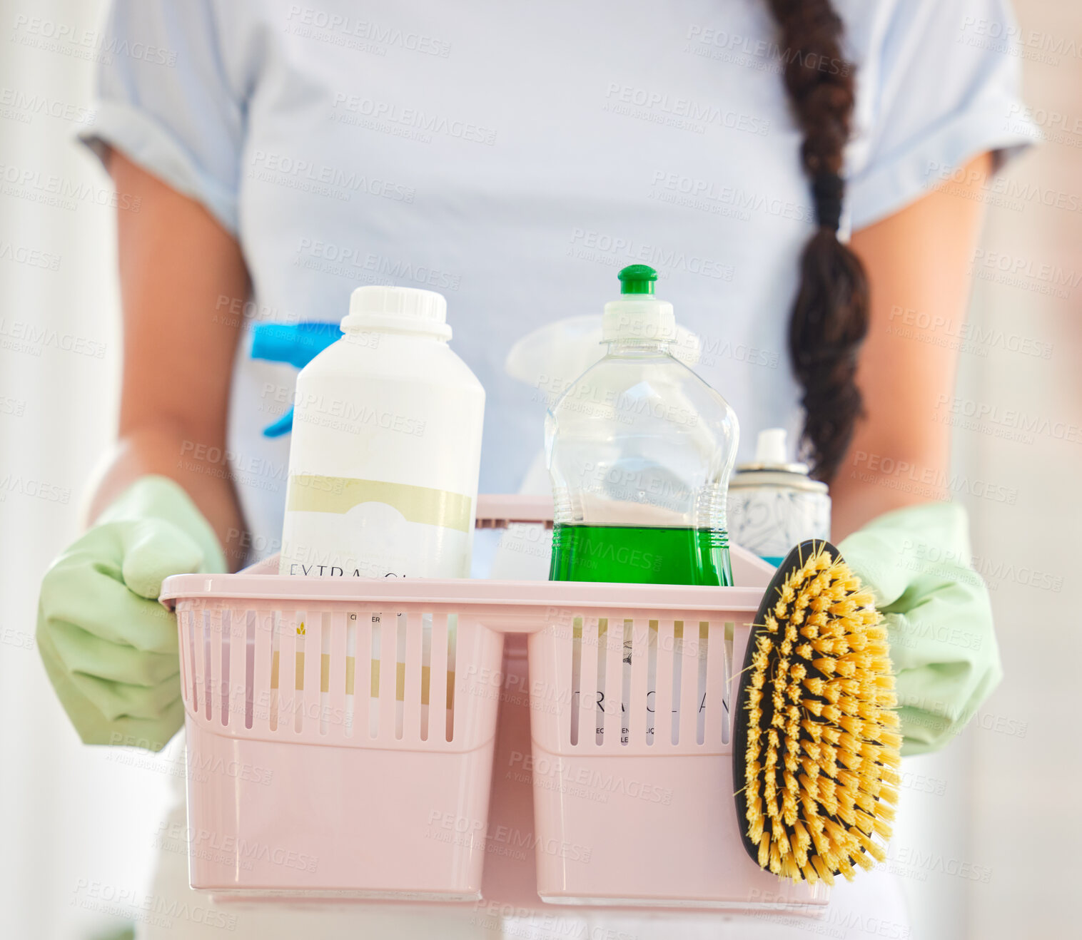 Buy stock photo Cleaning, product and basket with hands of woman for chemicals, housekeeping or disinfection. Hygiene, sanitary and safety with girl cleaner at home in hospitality service for dirt, bacteria and dust