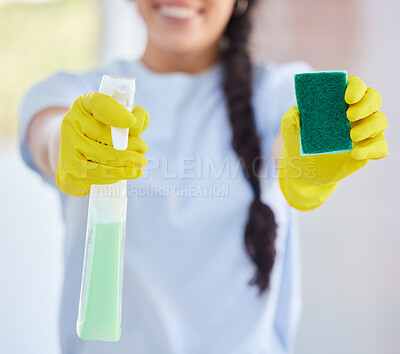 Buy stock photo Cleaner woman, spray and sponge with gloves for hygiene, safety and chemical for dirt, house work and job. Cleaning expert, product and bottle to stop bacteria, germs and dust in hospitality service