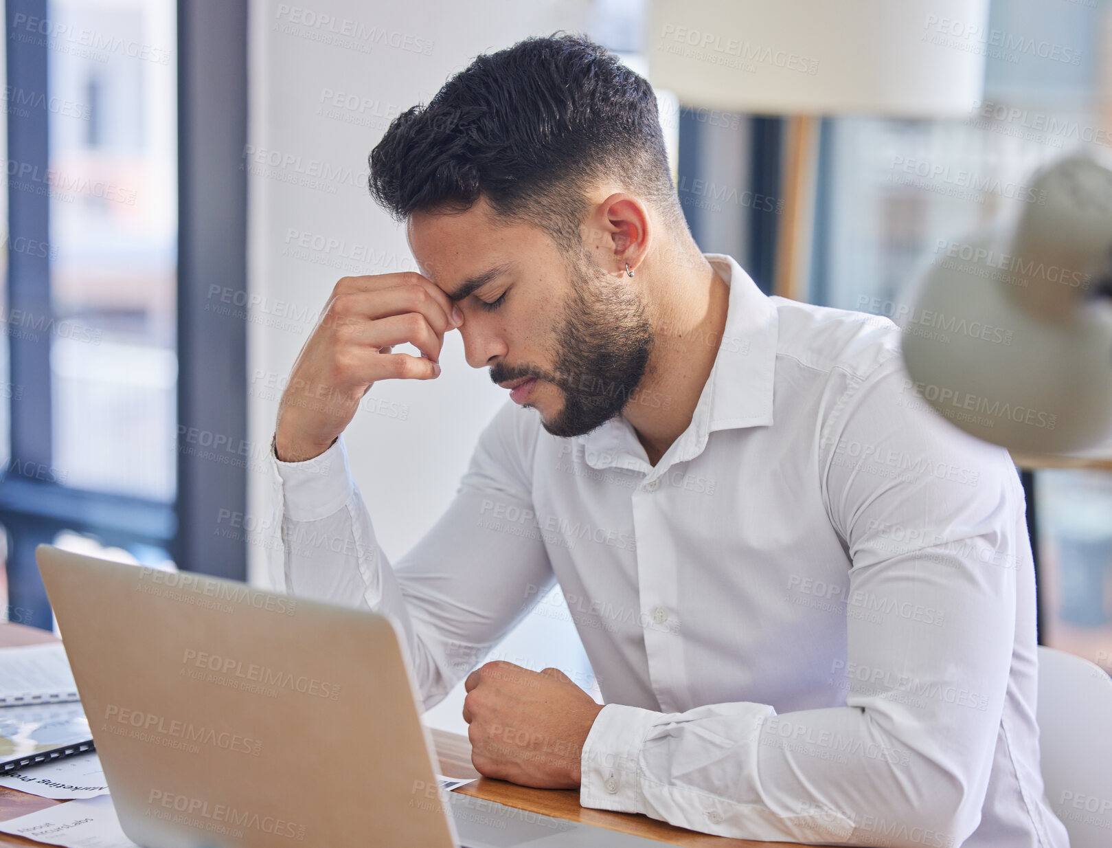 Buy stock photo Headache, business man and work stress of a employee working on a computer glitch and audit. Anxiety, fatigue and burnout of a accounting businessman with 404 problem on office laptop on tax website
