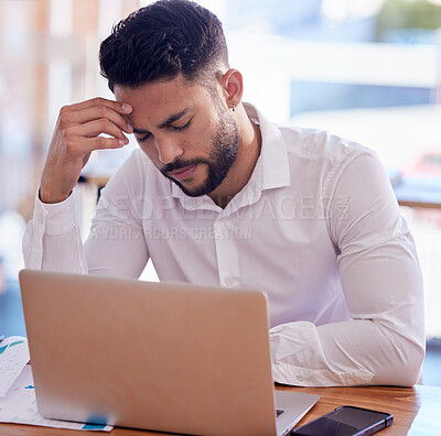 Buy stock photo Thinking, depression and businessman on laptop in office with stress, anxiety or mental health problem for budget, finance and career fail. Sad, headache or burnout business man working on technology