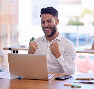 Buy stock photo Businessman, laptop and winner in celebration for good news, deal or work promotion at the office. Excited employee man celebrating happy win, discount or amazing bonus on computer at the workplace
