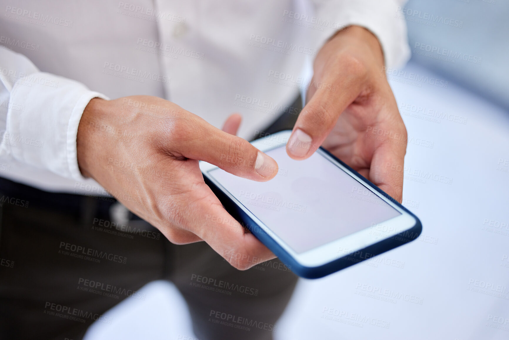 Buy stock photo Phone screen, mockup space or social media while typing hands of a businessman in a office. Zoom hand of worker browsing, send text or sms message or emails while at work with mock up advertising