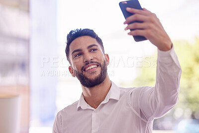 Buy stock photo Businessman, phone and smile for selfie, profile and social media post or communication in the outdoors. Happy employee man holding mobile smartphone smiling for photo, capture or new job outside