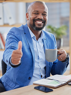 Buy stock photo Business, thumbs up and black man with coffee, office and success for marketing strategy. Male entrepreneur, ceo or leader with tea, hand gesture for startup company or planning for project and smile