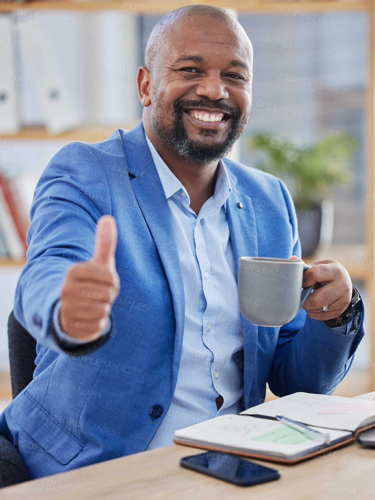 Buy stock photo Business, thumbs up and black man with coffee, office and success for marketing strategy. Male entrepreneur, ceo or leader with tea, hand gesture for startup company or planning for project and smile