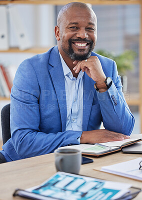 Buy stock photo Happy black man, business manager and ceo working at modern office desk as financial investor, stock market trader and corporate worker in Nigeria. Portrait smile of african executive leader and boss