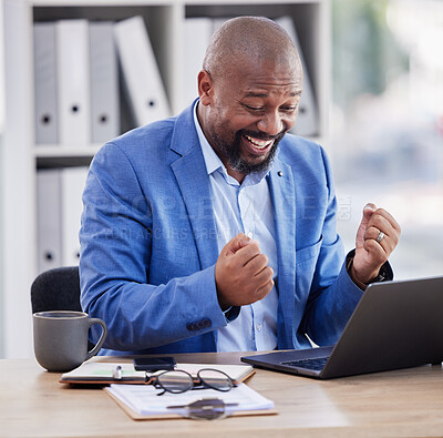 Buy stock photo Happy, excited and black man at laptop in office, celebrate success and good news on online deal. Wow, email surprise and approved financial loan for ecommerce startup and winning with sales results.