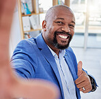 Black man, business selfie and thumbs up with a smile and pride for success, achievement and sales profit on a corporate deal. Happy and excited entrepreneur leader with hand for thank you update