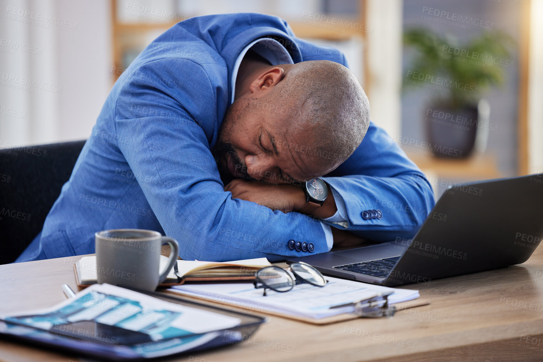 Buy stock photo Tired, professional burnout and black man sleep at desk, mental health and depression with sick businessman, corporate and exhausted. Sleeping, work and insomnia, business, fatigue and rest in office