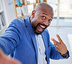 Black man, selfie and peace sign for business success while excited and excited about social media post or blog post about achievement or winning. African entrepreneur showing hand for sales profit 