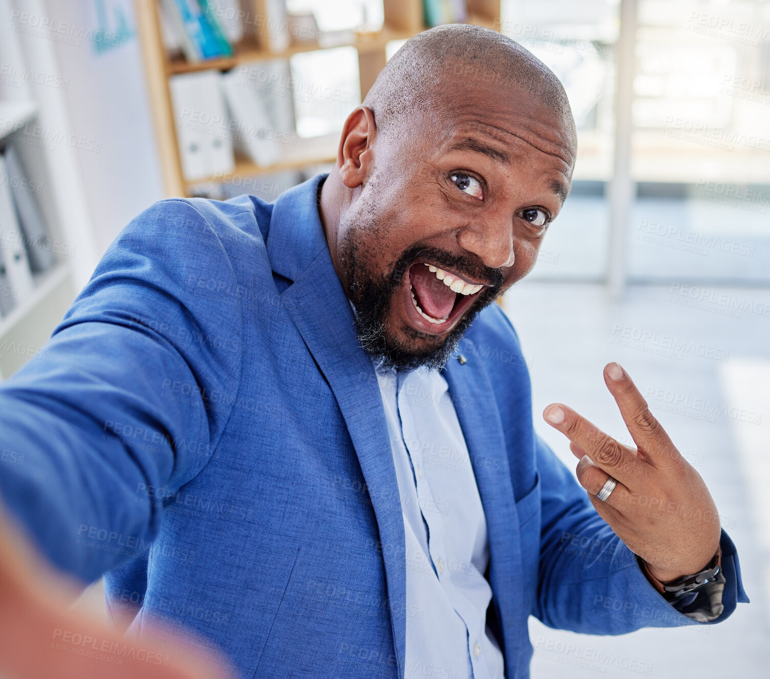Buy stock photo Black man, selfie and peace sign for business success while excited and excited about social media post or blog post about achievement or winning. African entrepreneur showing hand for sales profit 