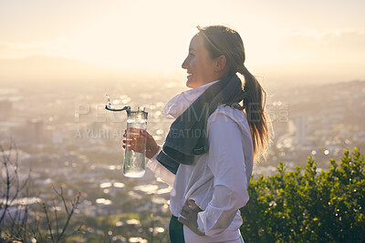 Buy stock photo Water bottle, woman and mountain hiking of a person on a adventure on Hollywood hills. Training, fitness and sunset view of a traveler on a hike for summer holiday travel calm about vacation walk