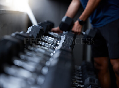 Buy stock photo Man, hands or dumbbells in gym workout, training or exercise for strong muscle growth, healthcare wellness or bodybuilding. Zoom, texture or heavy metal weights for fitness coach or personal trainer
